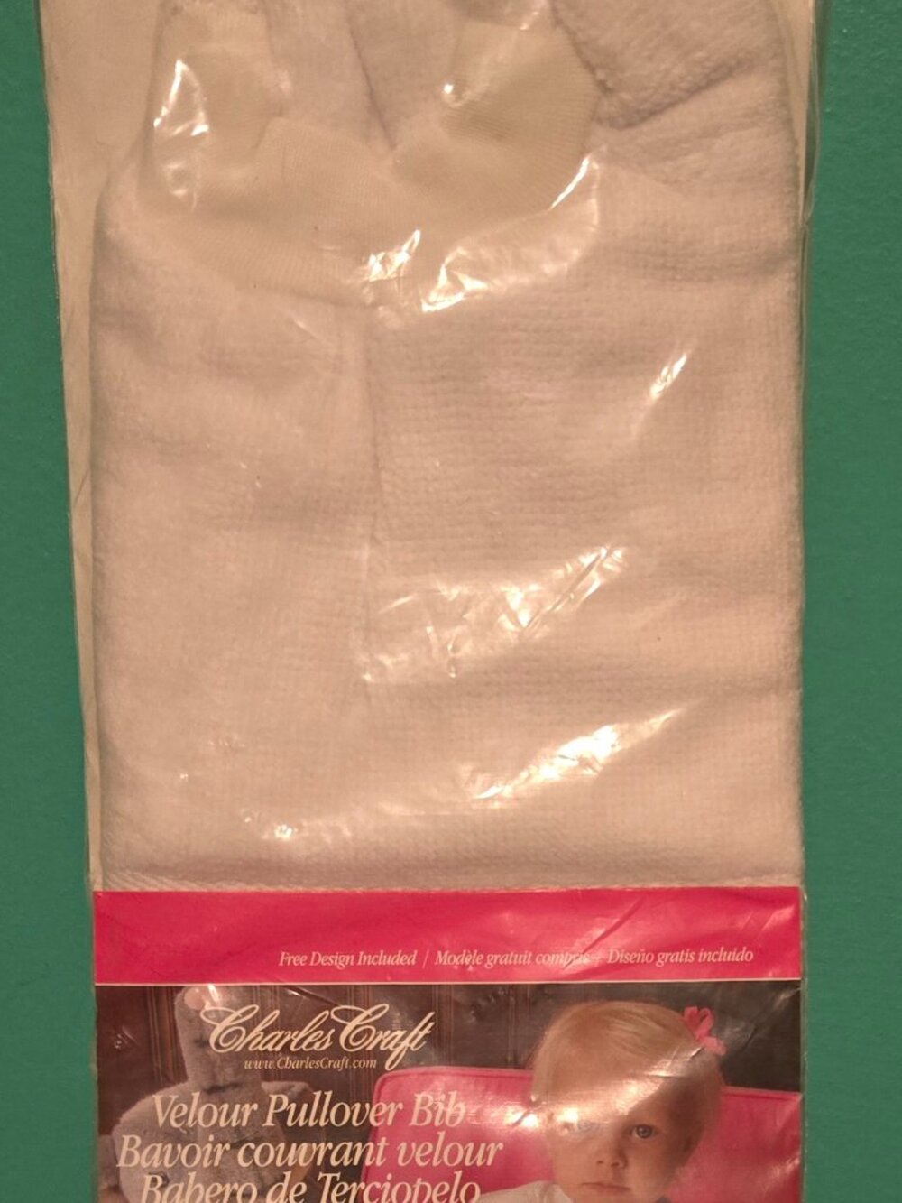 Charles Craft Velour Toddler Pullover Bib 14 Stitch Count 12"X19.5"- White NIP